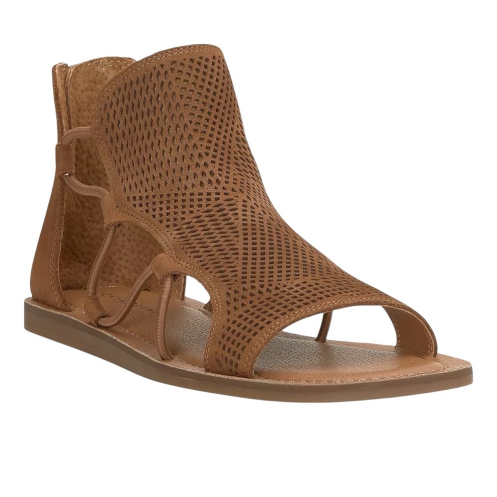 Lucky Brand Bartega Gladiator Flat Sandals Suede Perforated Back Zip Brown 6 NEW - Picture 4 of 13